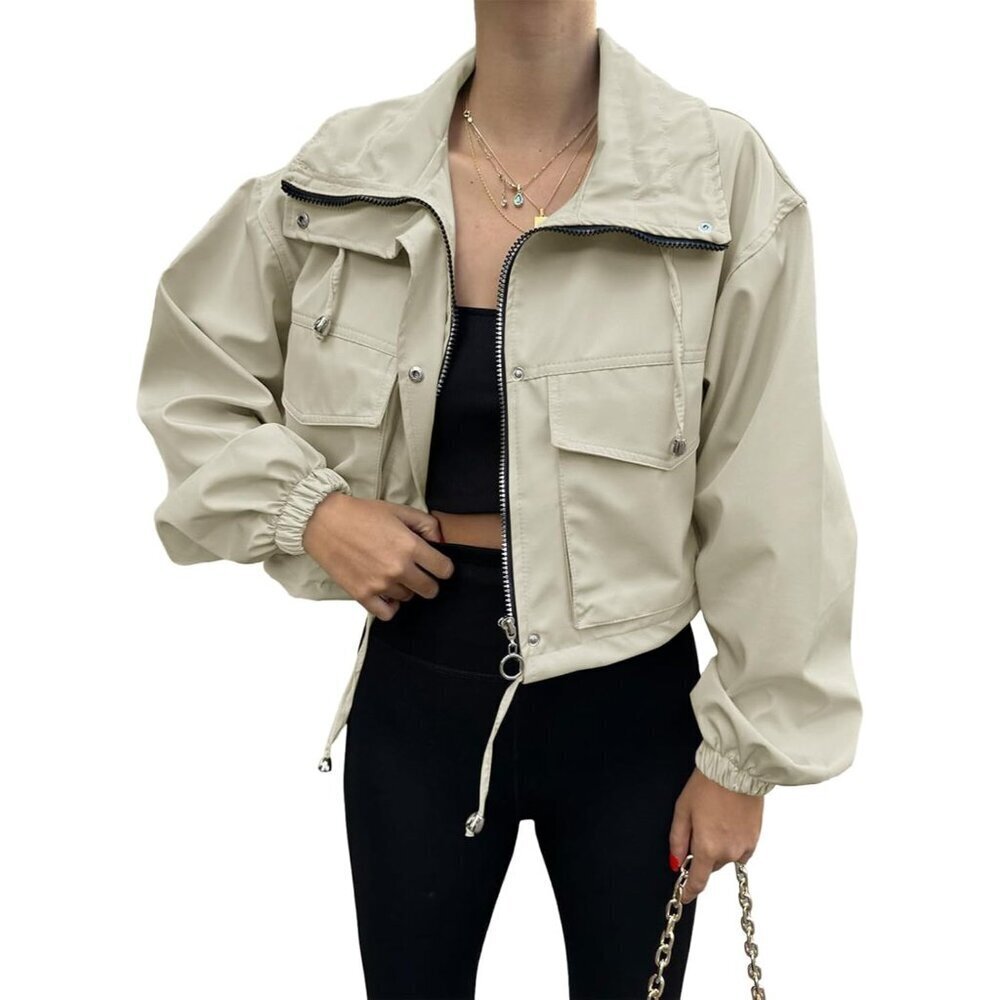 Womens Beige  Tankaneo Cropped Jacket Zip Up Oversized Utility Anorak Coat - Picture 2 of 4
